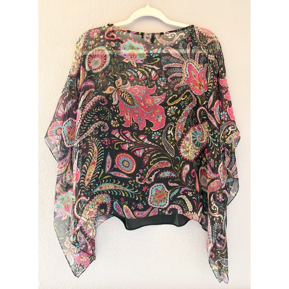 ECI New York Y2K Woman 1X Silk Paisley Poncho Style Blouse Ethereal Colorful - Picture 4 of 4